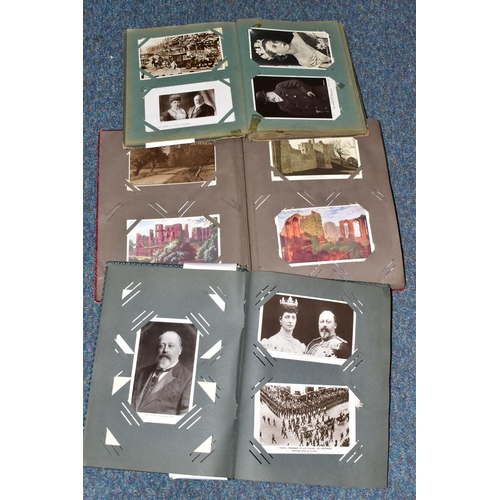 424 - THREE 20TH CENTURY POSTCARD ALBUMS, comprising two albums containing royal themed postcards - Corona... 