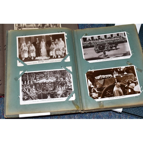 424 - THREE 20TH CENTURY POSTCARD ALBUMS, comprising two albums containing royal themed postcards - Corona... 