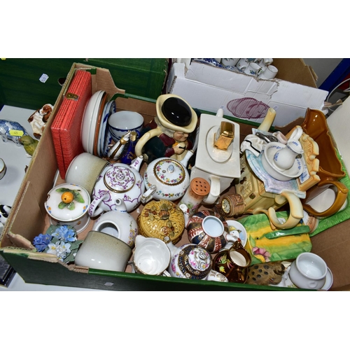 425 - THREE BOXES OF ASSORTED CERAMICS ETC, to include novelty teapots including a Tony Wood two sided Tob... 