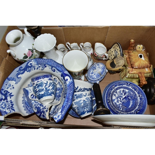 425 - THREE BOXES OF ASSORTED CERAMICS ETC, to include novelty teapots including a Tony Wood two sided Tob... 