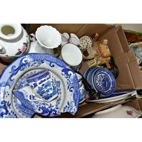 425 - THREE BOXES OF ASSORTED CERAMICS ETC, to include novelty teapots including a Tony Wood two sided Tob... 