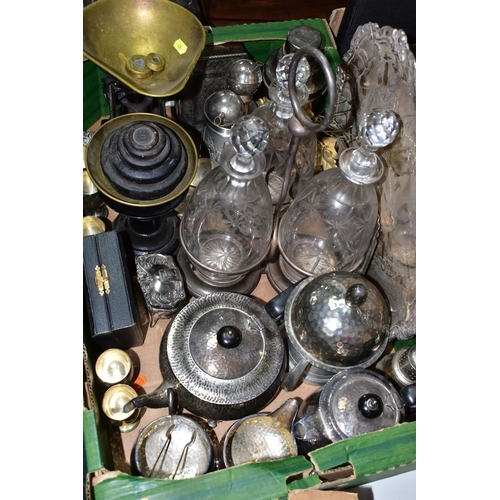 428 - THREE BOXES OF METAL WARES AND SUNDRY ITEMS ETC, to include a J.B. Chatterley silver plated four pie... 