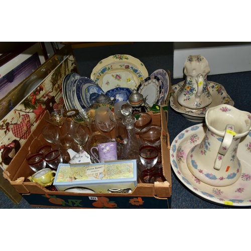 431 - TWO BOXES AND LOOSE CERAMICS, GLASS AND PICTURES ETC, to include two wash basins and jugs, German be... 