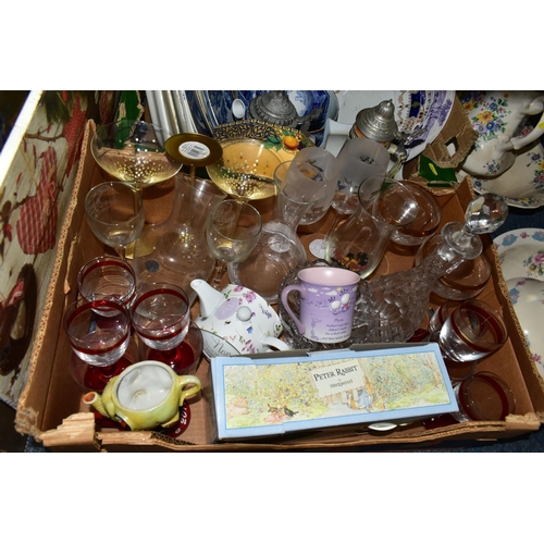 431 - TWO BOXES AND LOOSE CERAMICS, GLASS AND PICTURES ETC, to include two wash basins and jugs, German be... 