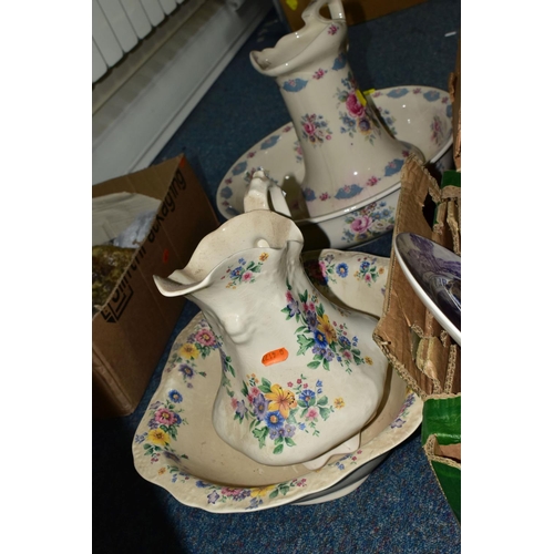 431 - TWO BOXES AND LOOSE CERAMICS, GLASS AND PICTURES ETC, to include two wash basins and jugs, German be... 