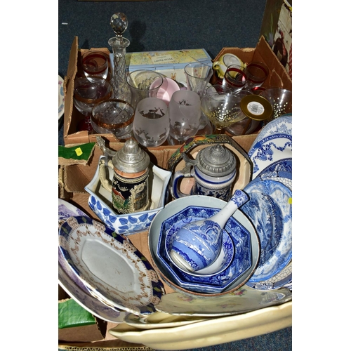 431 - TWO BOXES AND LOOSE CERAMICS, GLASS AND PICTURES ETC, to include two wash basins and jugs, German be... 