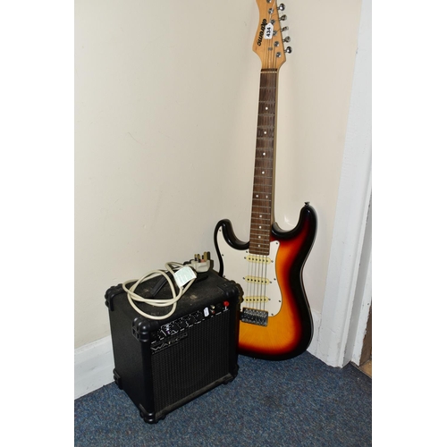 434 - AN EXTREME LEFT HANDED ELECTRIC GUITAR WITH WATSON XL10 AMPLIFIER, the guitar having a sunburst fini... 