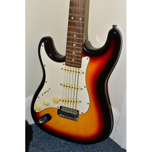 434 - AN EXTREME LEFT HANDED ELECTRIC GUITAR WITH WATSON XL10 AMPLIFIER, the guitar having a sunburst fini... 