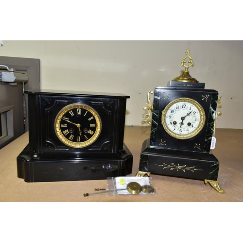 436 - TWO BLACK SLATE MANTEL CLOCKS, one with a black dial and gilt Roman numerals, indistinct name on dia... 