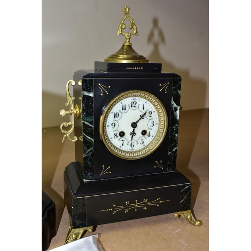 436 - TWO BLACK SLATE MANTEL CLOCKS, one with a black dial and gilt Roman numerals, indistinct name on dia... 