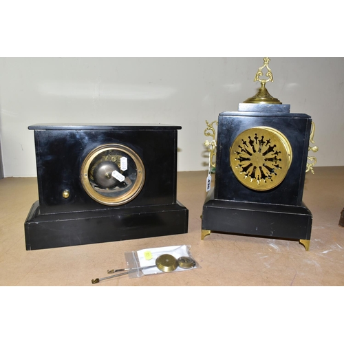 436 - TWO BLACK SLATE MANTEL CLOCKS, one with a black dial and gilt Roman numerals, indistinct name on dia... 