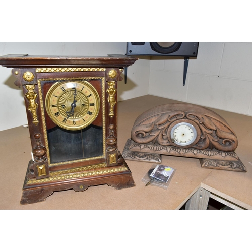 437 - TWO MANTEL CLOCKS, comprising an Art Nouveau mantel clock, the solid wooden case of compressed oval ... 