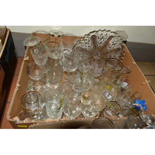 442 - SIX BOXES OF GLASS WARES AND SUNDRY ITEMS, to include an amber decanter of conical form with silver ... 