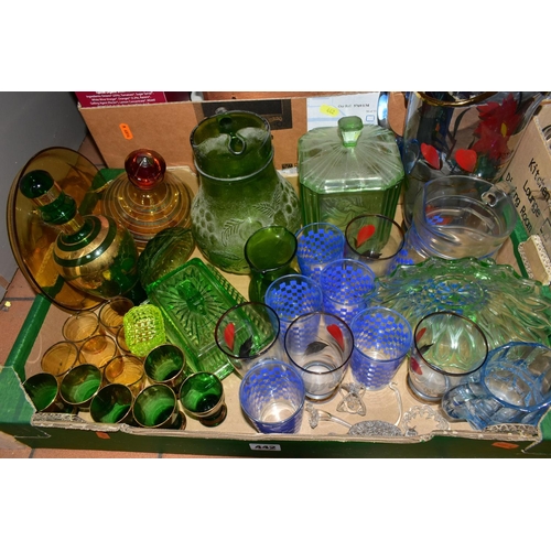 442 - SIX BOXES OF GLASS WARES AND SUNDRY ITEMS, to include an amber decanter of conical form with silver ... 