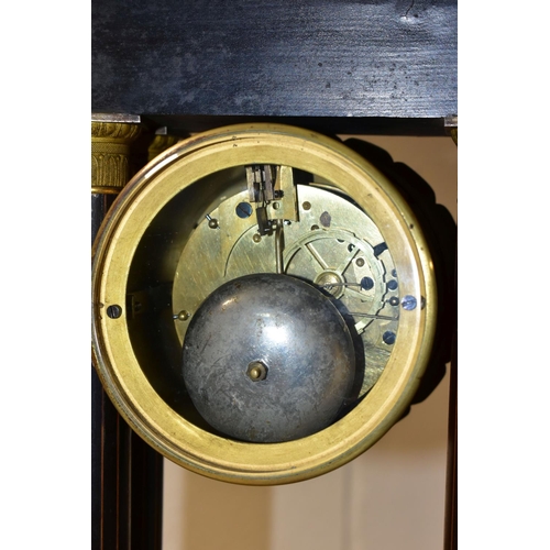 444 - A BLACK EBONISED PORTICO CLOCK, with inlaid floral decoration and banding, the dial having Roman num... 