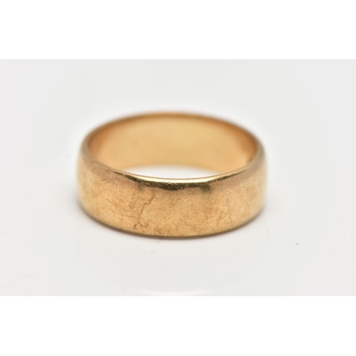 10 - A 9CT GOLD WEDDING BAND, designed as a wide D shape cross section plain polished band, personal engr... 