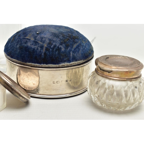 101 - AN ASSORTMENT OF SILVER ITEMS, to include a circular  silver box with a pin cushion lid, hallmarked ... 