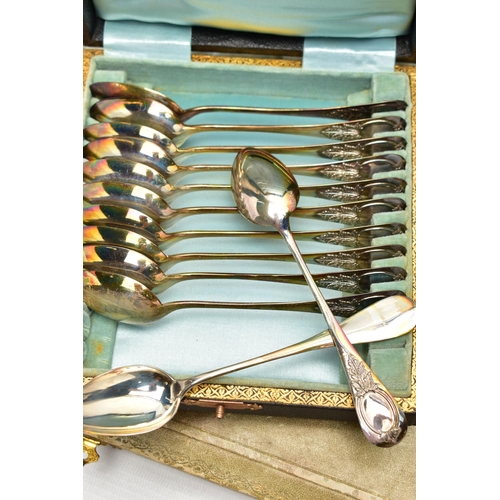 103 - A BOX OF ASSORTED WHITE METAL, to include a cased set of twelve teaspoons, continental marks, a case... 