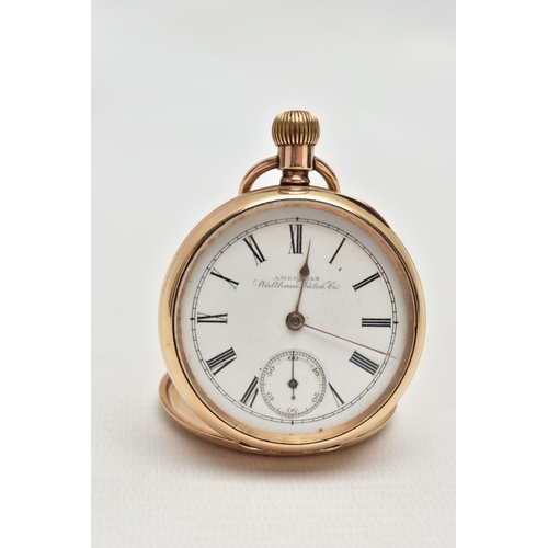 104 - A GOLD PLATED 'WALTHAM' OPEN FACE POCKET WATCH, manual wind, round white dial signed 'American Walth... 