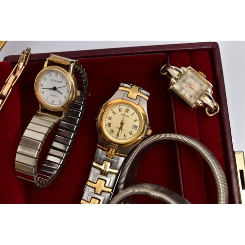 106 - A SELECTION OF LADIES WRISTWATCHES, to include a 1930s manual wind wristwatch with gold case and bas... 