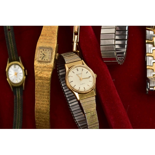 106 - A SELECTION OF LADIES WRISTWATCHES, to include a 1930s manual wind wristwatch with gold case and bas... 