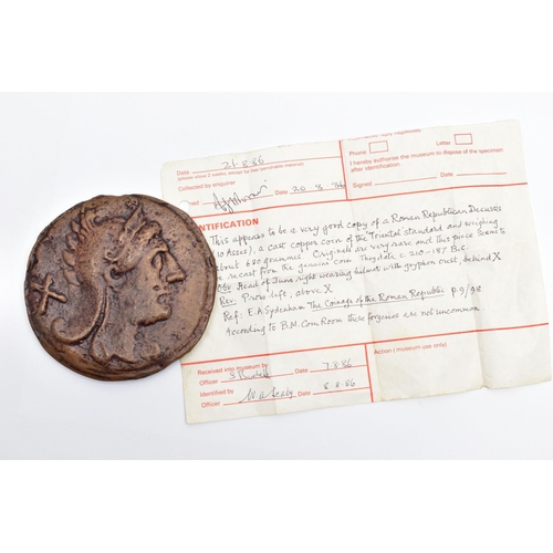 107 - ACCORDING TO THE BRITISH MUSEUM COIN ROOM IN 1986 A ROMAN REPUBLICAN DECUSSIS, equivalent to (10 Ass... 