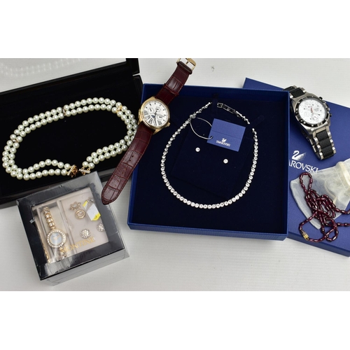 108 - A SELECTION OF WATCHES AND COSTUME JEWELLERY, to include a cased Swaroski crystal necklace and ear s... 