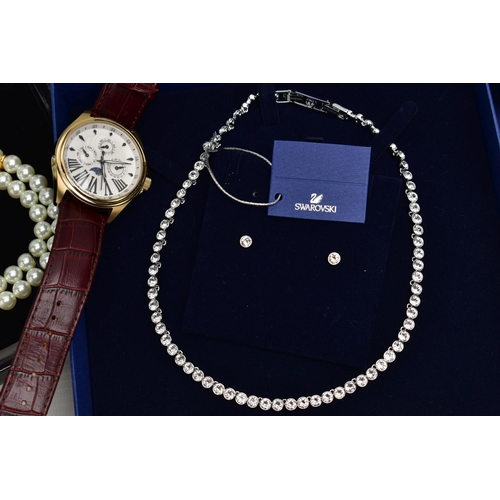 108 - A SELECTION OF WATCHES AND COSTUME JEWELLERY, to include a cased Swaroski crystal necklace and ear s... 