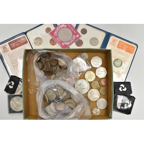 109 - A SMALL CARDBOARD TRAY CONTAINING UK COINAGE, to include over 320 grams of mixed silver coins Victor... 