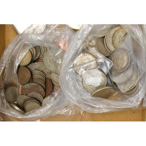 109 - A SMALL CARDBOARD TRAY CONTAINING UK COINAGE, to include over 320 grams of mixed silver coins Victor... 