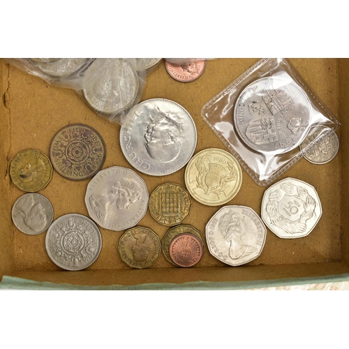 109 - A SMALL CARDBOARD TRAY CONTAINING UK COINAGE, to include over 320 grams of mixed silver coins Victor... 