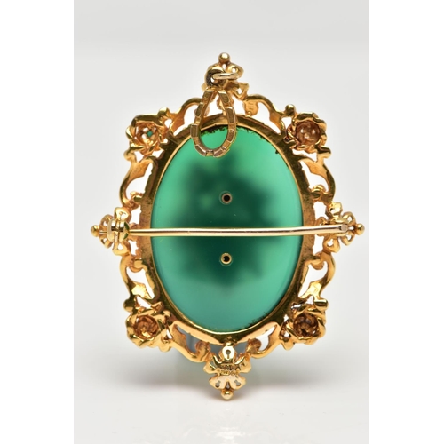 11 - A 9CT GOLD CHALCEDONY, SPLIT PEARL AND TURQUIOSE PENDANT, of an oval form, set with a green chalcedo... 