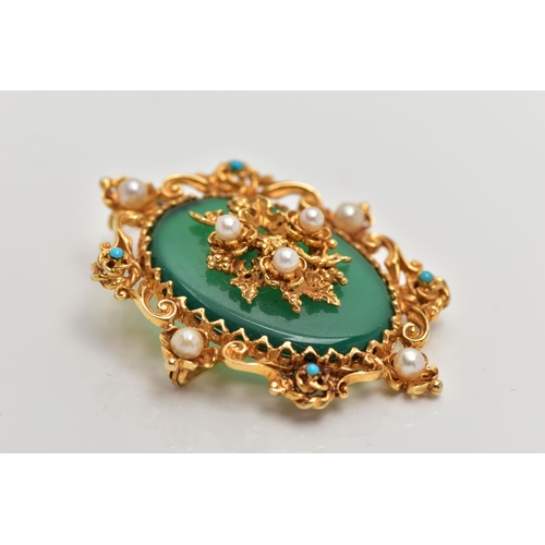 11 - A 9CT GOLD CHALCEDONY, SPLIT PEARL AND TURQUIOSE PENDANT, of an oval form, set with a green chalcedo... 