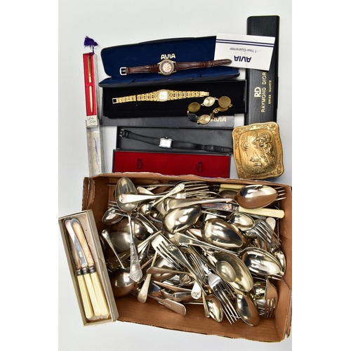 111 - A BOX OF ASSORTED ITEMS, to include a box lid of loose assorted cutlery, a yellow metal trinket box,... 