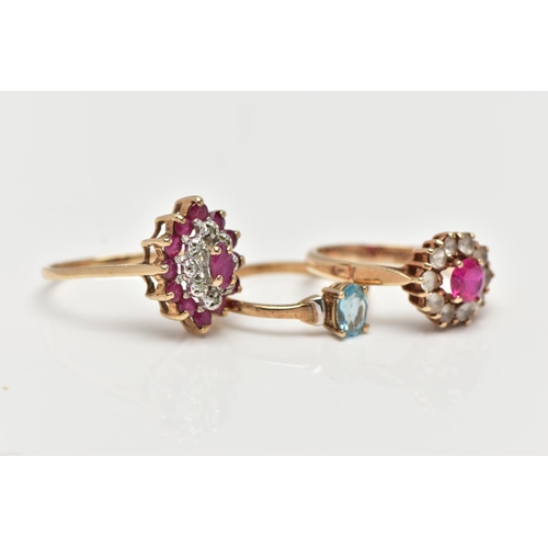 15 - THREE GEM SET RINGS, the first designed as a tiered  marquise shape cluster set with rubies and diam... 