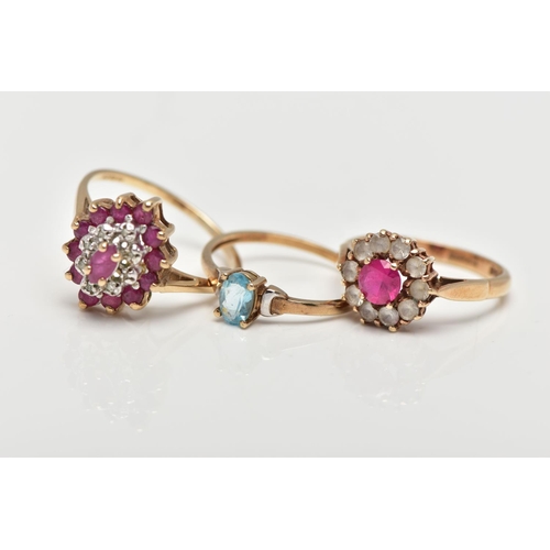 15 - THREE GEM SET RINGS, the first designed as a tiered  marquise shape cluster set with rubies and diam... 