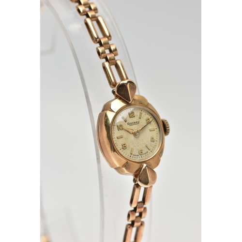 23 - A LADIES 9CT GOLD 'ROTARY' WRISTWATCH, manual wind, round cream dial signed 'Rotary', alternating Ar... 