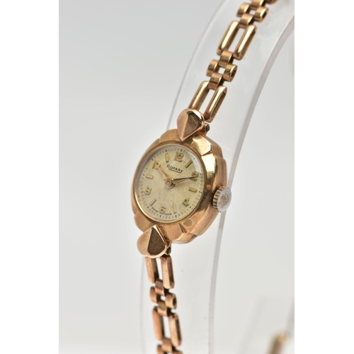 23 - A LADIES 9CT GOLD 'ROTARY' WRISTWATCH, manual wind, round cream dial signed 'Rotary', alternating Ar... 