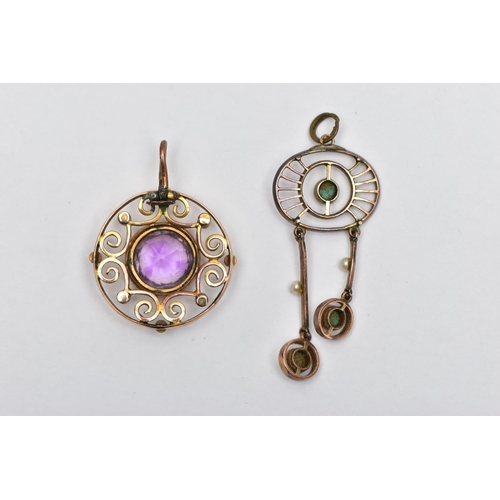 3 - TWO YELLOW METAL EARLY 20TH CENTURY GEM SET PENDANTS, to include a turquoise cabochon and seed pearl... 