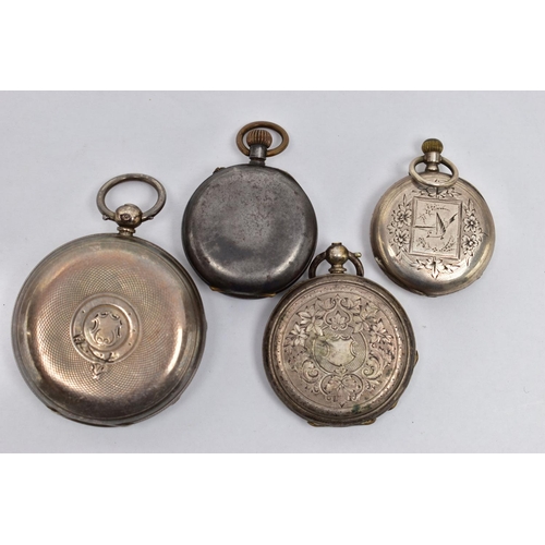 34 - FOUR OPEN FACE POCKET WATCHES, the first a key wound movement, Roman numerals, subsidiary second dia... 