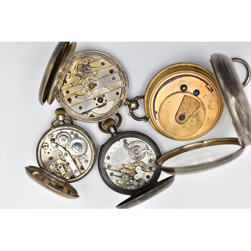 34 - FOUR OPEN FACE POCKET WATCHES, the first a key wound movement, Roman numerals, subsidiary second dia... 