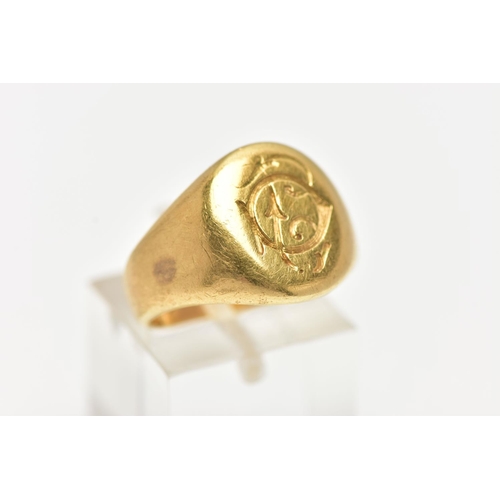 41 - A YELLOW METAL SIGNET RING, oval form with monogram engraving, inside band engraved 'Septembre 19', ... 