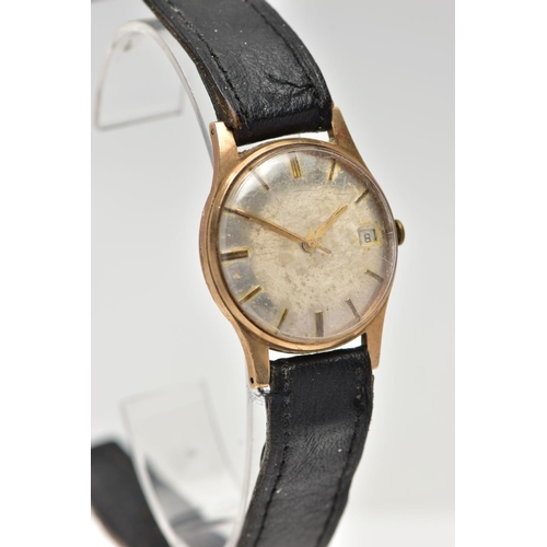 42 - A 9CT GOLD WRISTWATCH, manual wind, round dial, baton markers, date at the three o'clock position, p... 