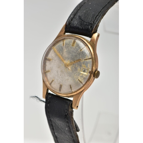 42 - A 9CT GOLD WRISTWATCH, manual wind, round dial, baton markers, date at the three o'clock position, p... 