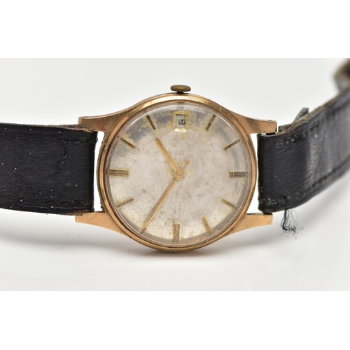 42 - A 9CT GOLD WRISTWATCH, manual wind, round dial, baton markers, date at the three o'clock position, p... 