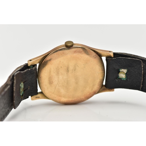 42 - A 9CT GOLD WRISTWATCH, manual wind, round dial, baton markers, date at the three o'clock position, p... 