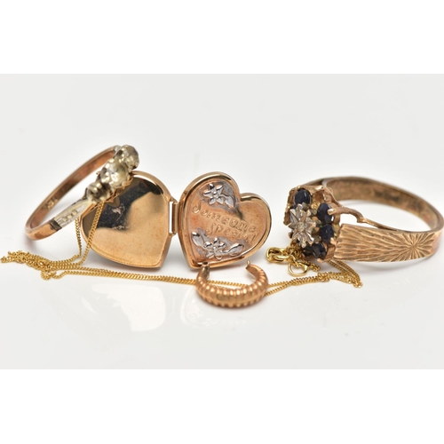 43 - AN ASSORTMENT OF 9CT GOLD AND YELLOW METAL JEWELERY, to include a 9ct gold heart locket with floral ... 