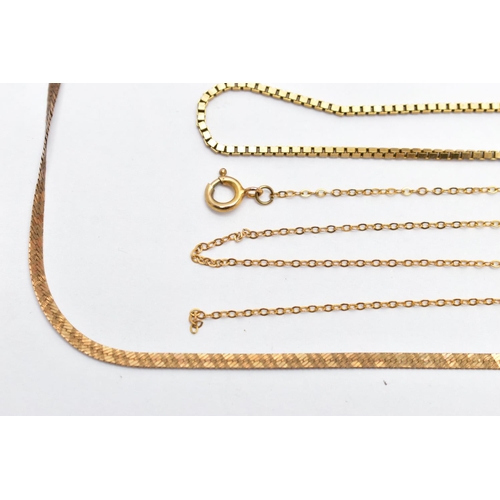 46 - THREE DAMAGED CHAINS, to include a 9ct gold flat articulated herringbone chain fitted with a spring ... 