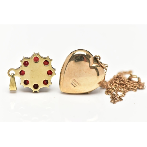 48 - A 9CT GOLD HEART LOCKET PENDANT NECKLACE, AND A 9CT GOLD GARNET AND PEARL PENDANT, the heart locket ... 