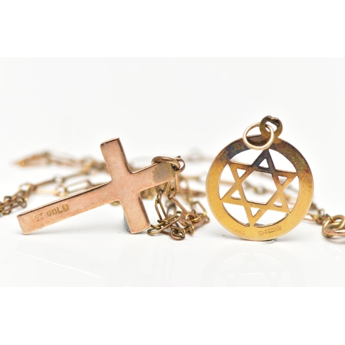 49 - A 9CT GOLD STAR OF DAVID PENDANT, AND A YELLOW METAL CROSS PENDANT NECKLACE, openwork Star of David ... 